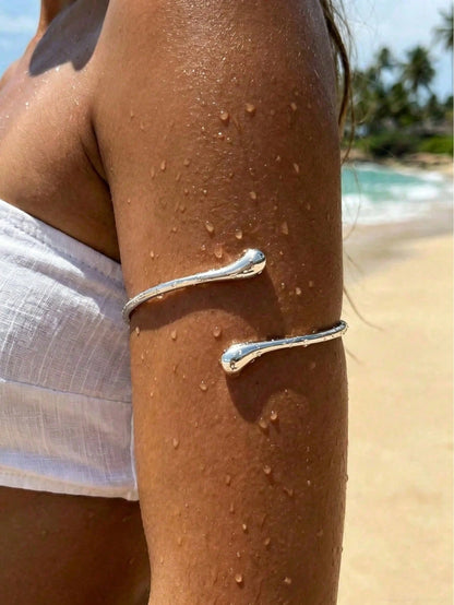 2pcs Bohemian Vacation Casual Design Line Lava Open Arm Chain Fashion Liquid Style Plain Water Drop Metal Arm Bracelet For Women, Suitable For Party, Gift For Friends And Family, Daily Wear, Travel