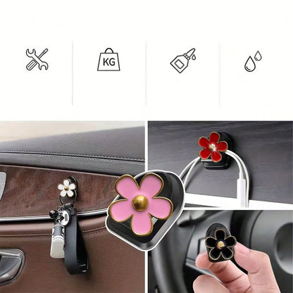 2pcs Car Adhesive Mini Hooks, Flower-Shaped Car Storage Hooks, Suitable For Dashboard Storage And Home Use, Can Hang Bags, Keys And Other Interior Decorative Accessories