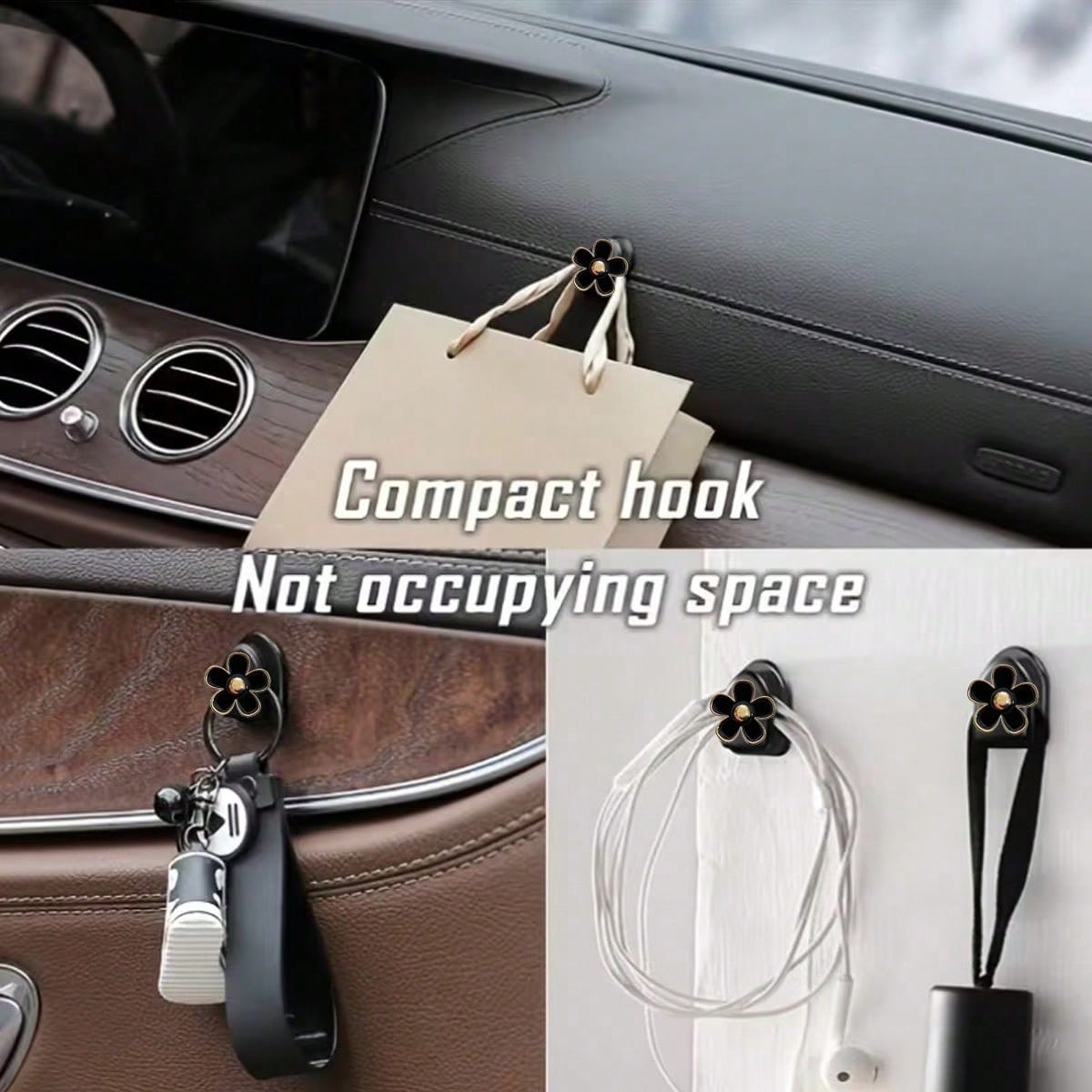 2pcs Car Adhesive Mini Hooks, Flower-Shaped Car Storage Hooks, Suitable For Dashboard Storage And Home Use, Can Hang Bags, Keys And Other Interior Decorative Accessories