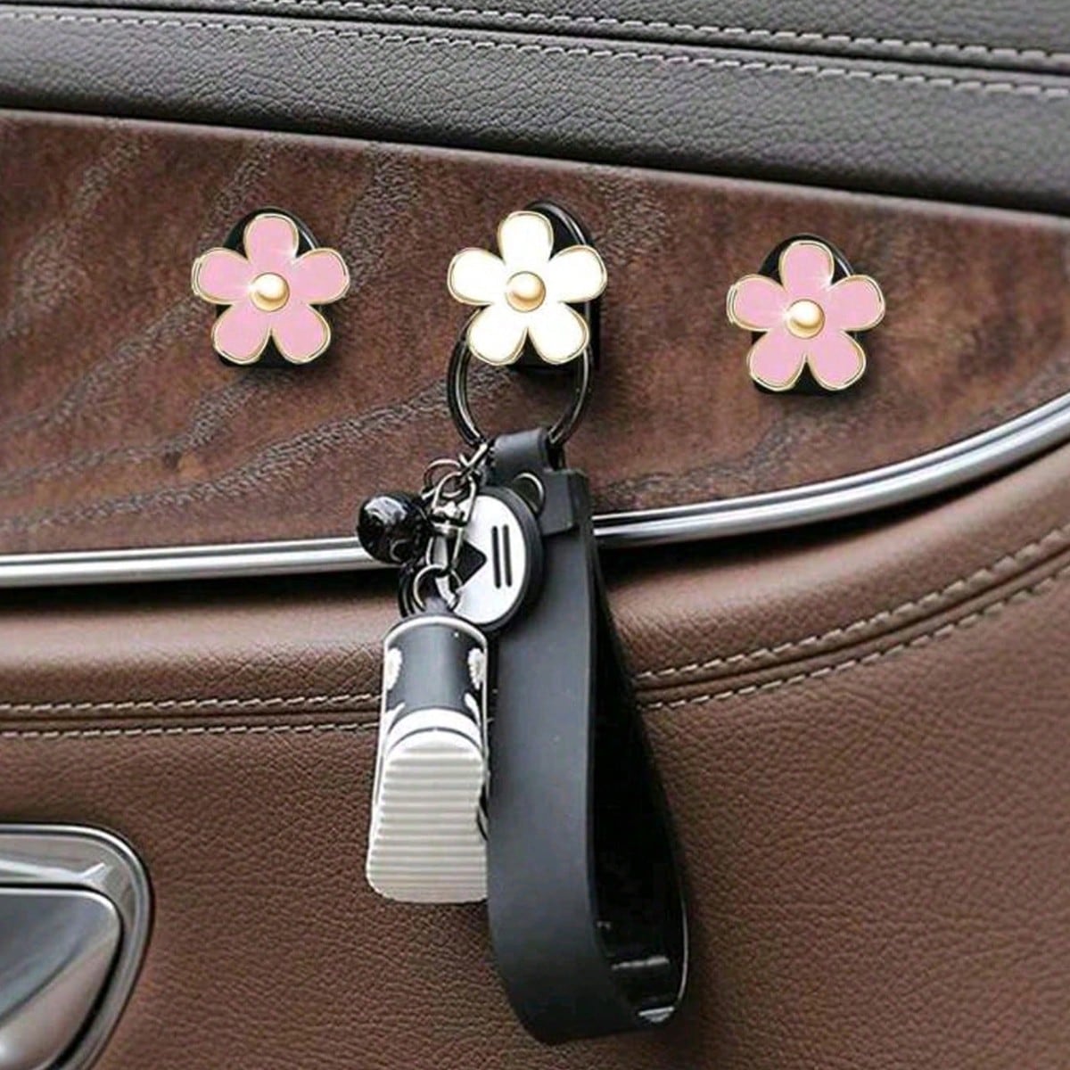 2pcs Car Adhesive Mini Hooks, Flower-Shaped Car Storage Hooks, Suitable For Dashboard Storage And Home Use, Can Hang Bags, Keys And Other Interior Decorative Accessories