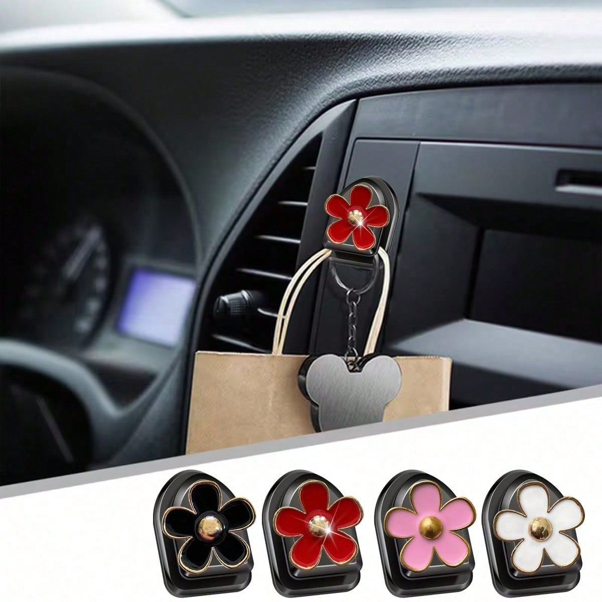 2pcs Car Adhesive Mini Hooks, Flower-Shaped Car Storage Hooks, Suitable For Dashboard Storage And Home Use, Can Hang Bags, Keys And Other Interior Decorative Accessories