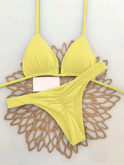 2pcs Casual Elegant Sexy Bohemian Floral Print Tie-Up Braided Bikini Swimwear, Suitable For Beach & Holiday, Spring/Summer Vacation Yellow