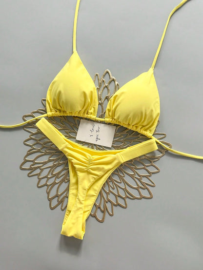 2pcs Casual Elegant Sexy Bohemian Floral Print Tie-Up Braided Bikini Swimwear, Suitable For Beach & Holiday, Spring/Summer Vacation Yellow