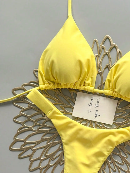 2pcs Casual Elegant Sexy Bohemian Floral Print Tie-Up Braided Bikini Swimwear, Suitable For Beach & Holiday, Spring/Summer Vacation Yellow