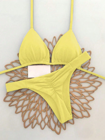 2pcs Casual Elegant Sexy Bohemian Floral Print Tie-Up Braided Bikini Swimwear, Suitable For Beach & Holiday, Spring/Summer Vacation Yellow