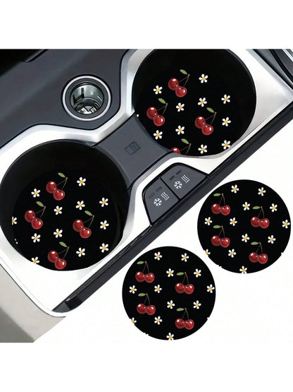 2pcs Cherry Print Pattern Car Cup Coaster, Stylish Fast-Drying Non-Slip Car Cup Mat