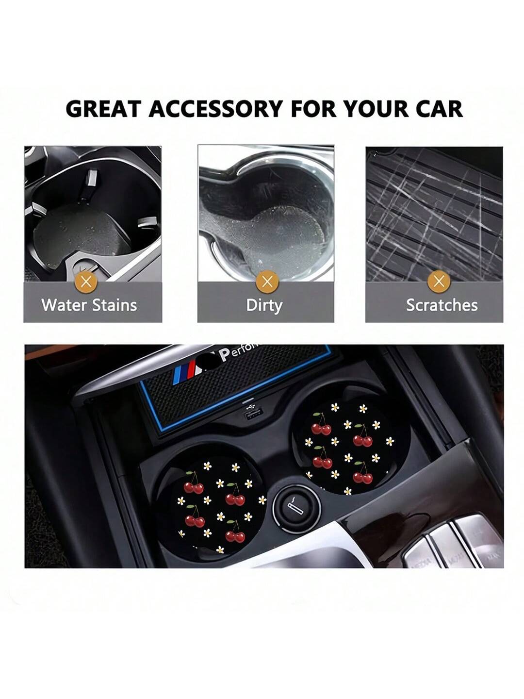 2pcs Cherry Print Pattern Car Cup Coaster, Stylish Fast-Drying Non-Slip Car Cup Mat