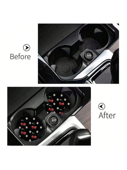 2pcs Cherry Print Pattern Car Cup Coaster, Stylish Fast-Drying Non-Slip Car Cup Mat