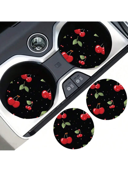 2pcs Cherry Print Pattern Car Cup Coaster, Stylish Fast-Drying Non-Slip Car Cup Mat