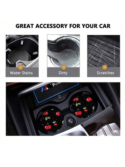 2pcs Cherry Print Pattern Car Cup Coaster, Stylish Fast-Drying Non-Slip Car Cup Mat