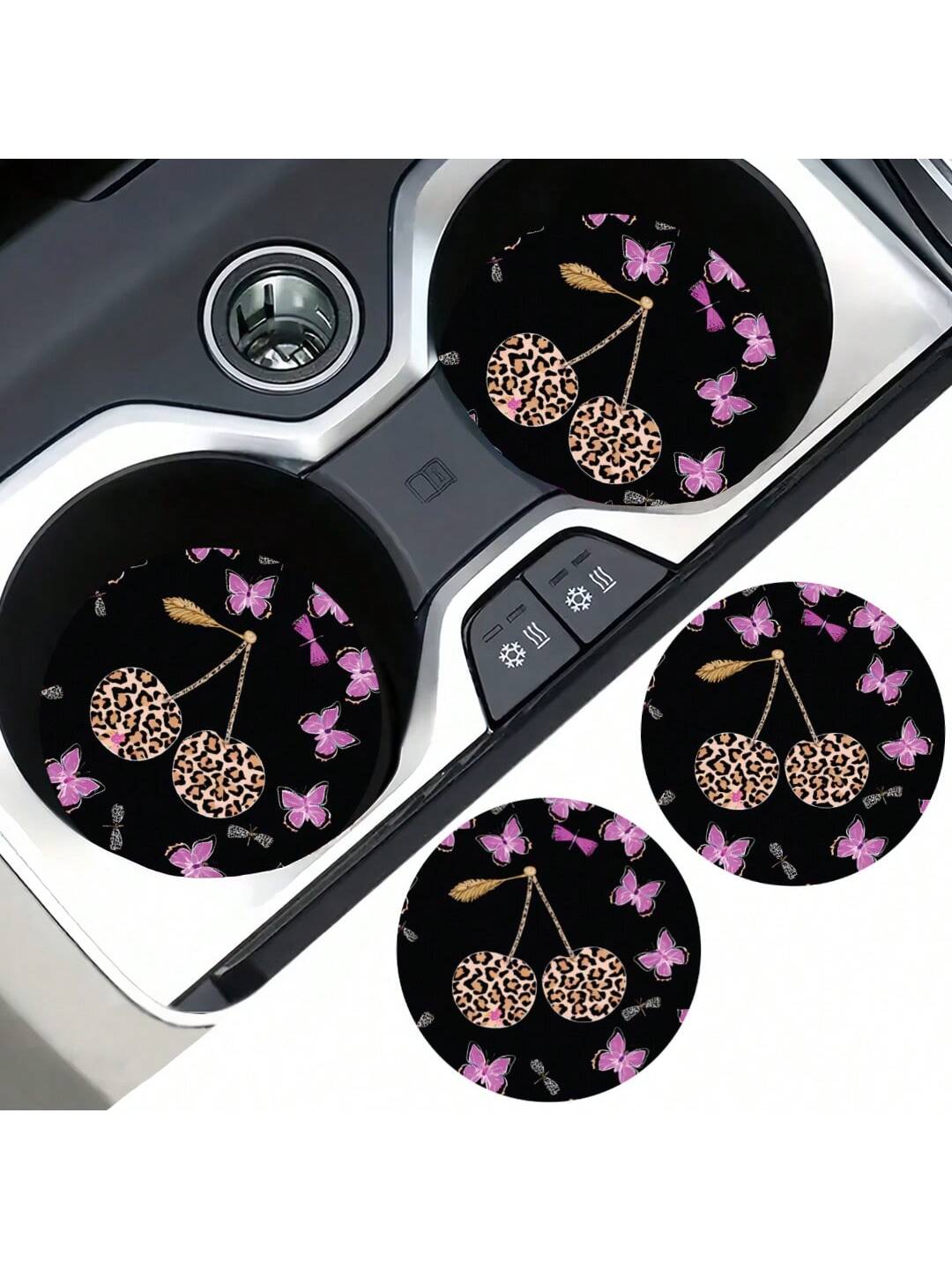2pcs Cherry Print Pattern Car Cup Coaster, Stylish Fast-Drying Non-Slip Car Cup Mat