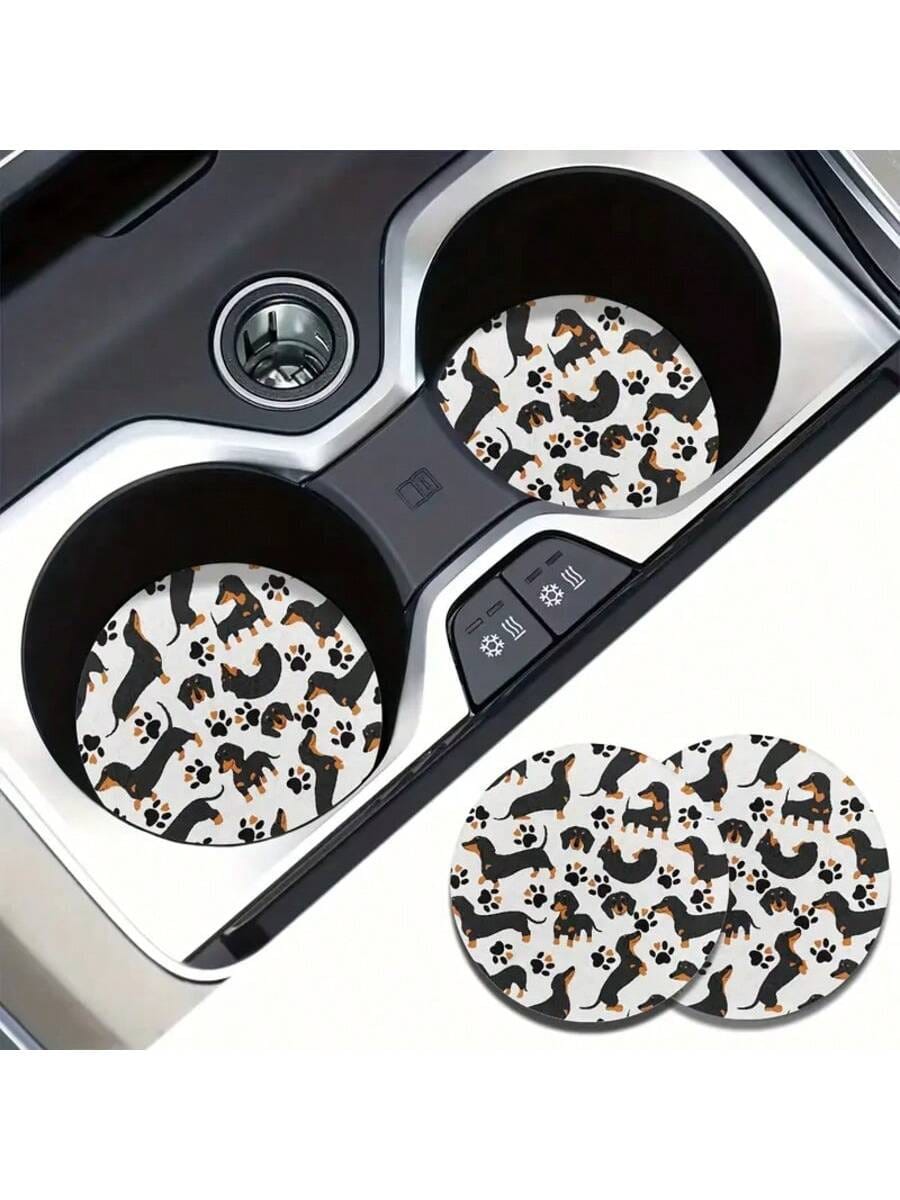 2pcs Cute Dachshund Car Cup Holders- High Absorbency Ceramic Set, Suitable For Women- Use These Fun Dachshund Pattern Holders To Protect Car Interior From Cold Drinks And Condensation, Perfectly Fit