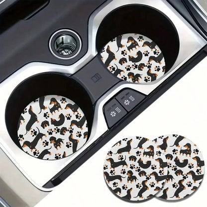 2pcs Cute Dachshund Car Cup Holders- High Absorbency Ceramic Set, Suitable For Women- Use These Fun Dachshund Pattern Holders To Protect Car Interior From Cold Drinks And Condensation, Perfectly Fit