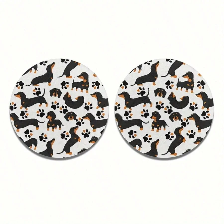 2pcs Cute Dachshund Car Cup Holders- High Absorbency Ceramic Set, Suitable For Women- Use These Fun Dachshund Pattern Holders To Protect Car Interior From Cold Drinks And Condensation, Perfectly Fit