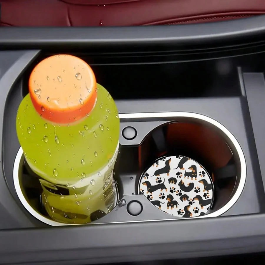2pcs Cute Dachshund Car Cup Holders- High Absorbency Ceramic Set, Suitable For Women- Use These Fun Dachshund Pattern Holders To Protect Car Interior From Cold Drinks And Condensation, Perfectly Fit
