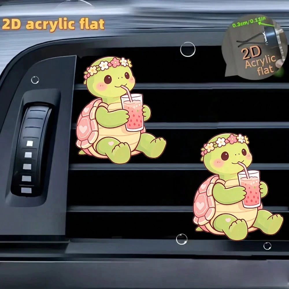 2pcs Cute Little Turtle Car Air Vent Decor, 2D Flat Acrylic Material Women's Car Interior Accessory (With Unscented Sponge Pad, Can Add Perfume Yourself)