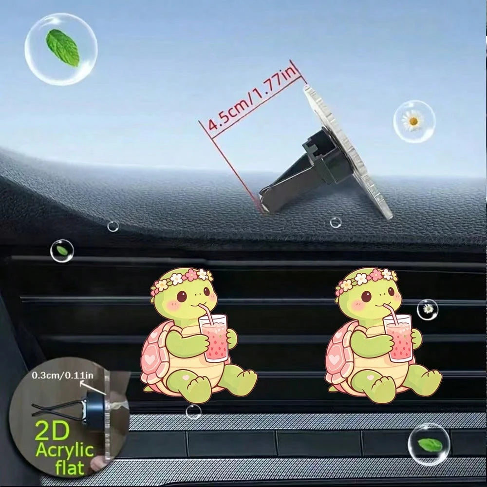 2pcs Cute Little Turtle Car Air Vent Decor, 2D Flat Acrylic Material Women's Car Interior Accessory (With Unscented Sponge Pad, Can Add Perfume Yourself)