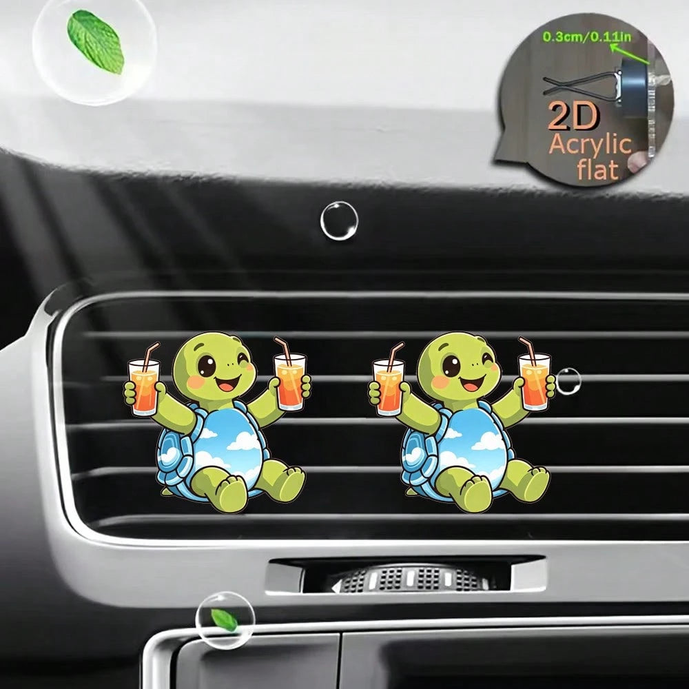 2pcs Cute Little Turtle Car Air Vent Decor, 2D Flat Acrylic Material Women's Car Interior Accessory (With Unscented Sponge Pad, Can Add Perfume Yourself)