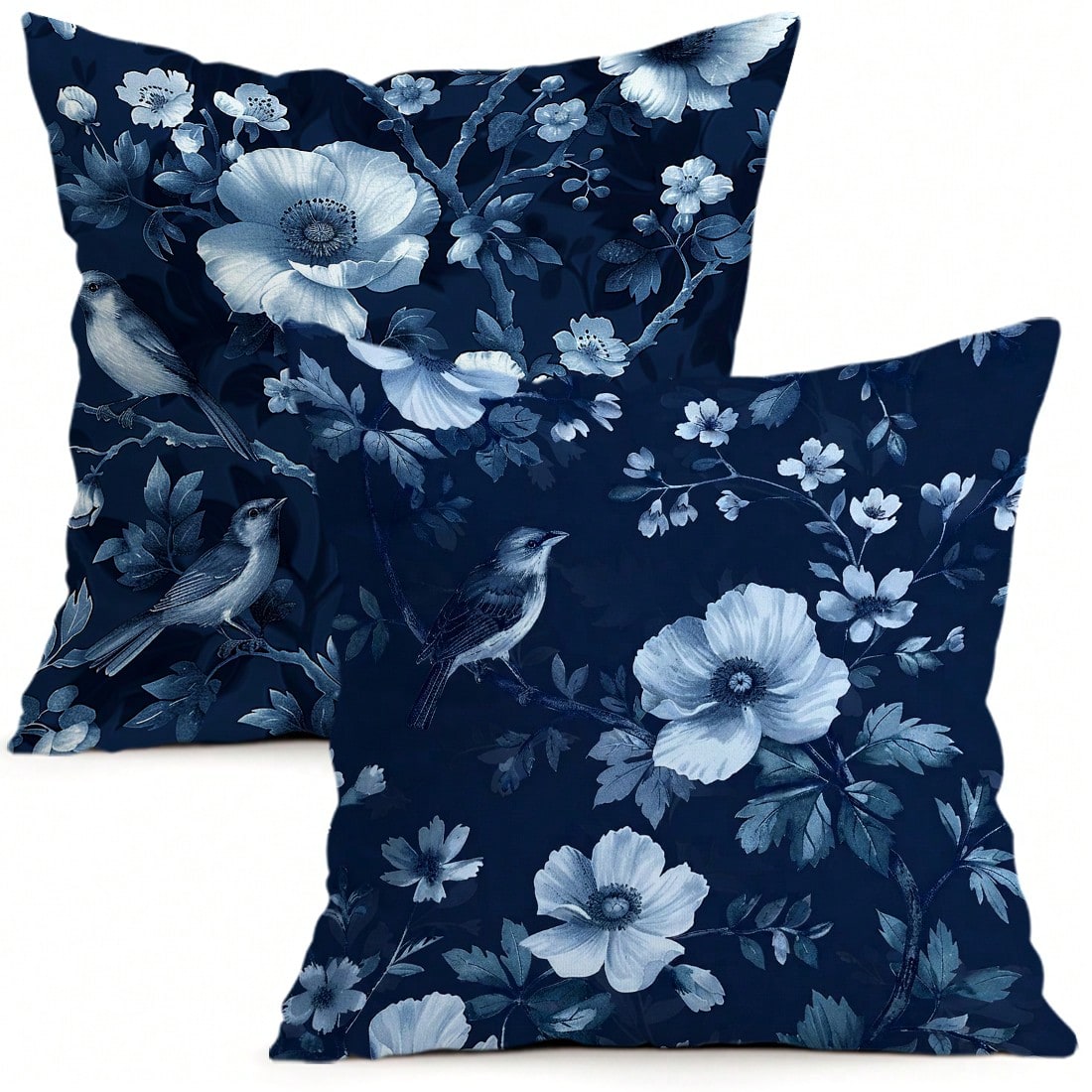2pcs Deep Blue Porcelain Flower & Bird Pattern Pillow Covers, Single-Sided Printed Pillow Covers, Suitable For Living Room, Bedroom, Home Decor, All Season Pillow Covers