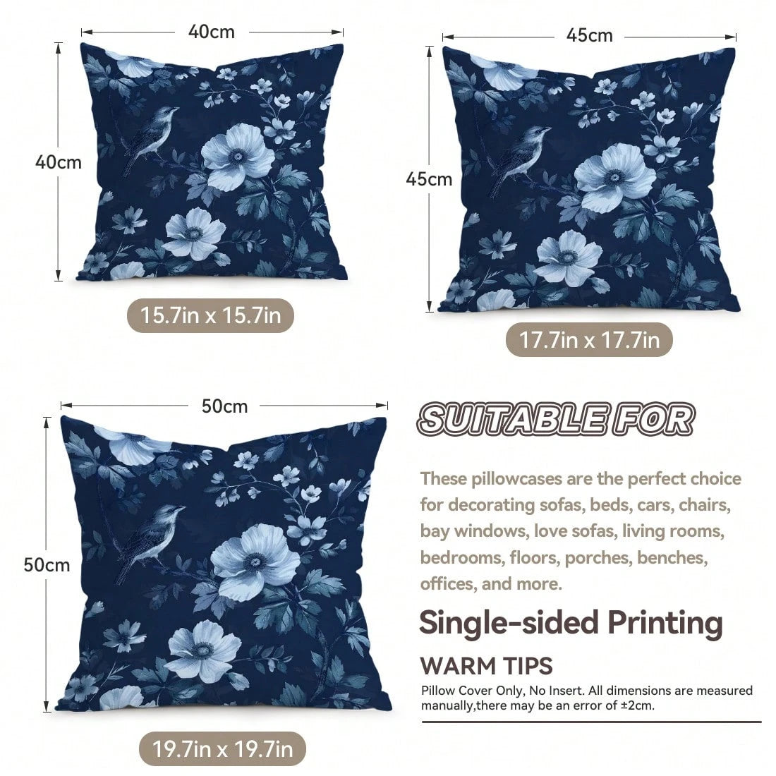 2pcs Deep Blue Porcelain Flower & Bird Pattern Pillow Covers, Single-Sided Printed Pillow Covers, Suitable For Living Room, Bedroom, Home Decor, All Season Pillow Covers