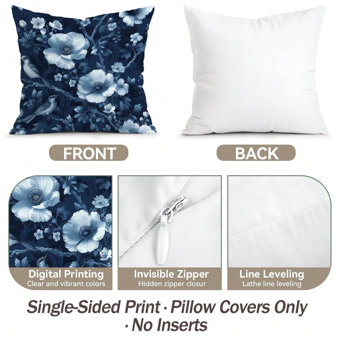 2pcs Deep Blue Porcelain Flower & Bird Pattern Pillow Covers, Single-Sided Printed Pillow Covers, Suitable For Living Room, Bedroom, Home Decor, All Season Pillow Covers
