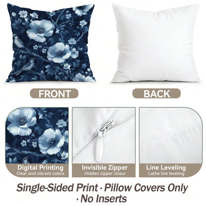 2pcs Deep Blue Porcelain Flower & Bird Pattern Pillow Covers, Single-Sided Printed Pillow Covers, Suitable For Living Room, Bedroom, Home Decor, All Season Pillow Covers