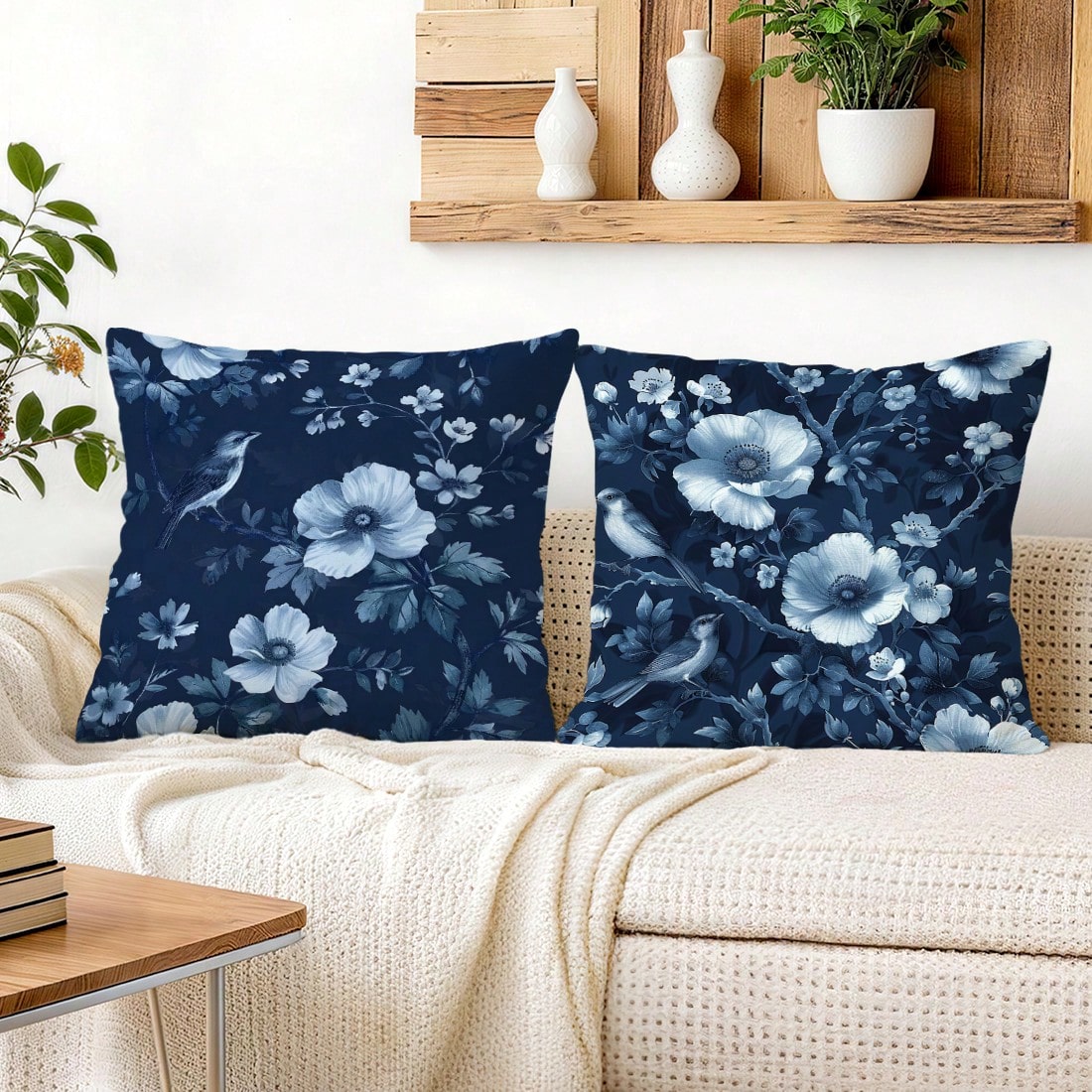 2pcs Deep Blue Porcelain Flower & Bird Pattern Pillow Covers, Single-Sided Printed Pillow Covers, Suitable For Living Room, Bedroom, Home Decor, All Season Pillow Covers
