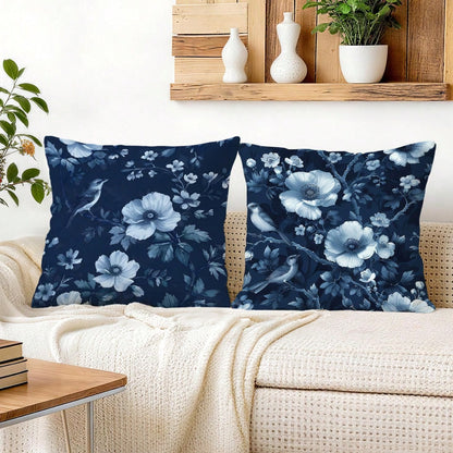2pcs Deep Blue Porcelain Flower & Bird Pattern Pillow Covers, Single-Sided Printed Pillow Covers, Suitable For Living Room, Bedroom, Home Decor, All Season Pillow Covers