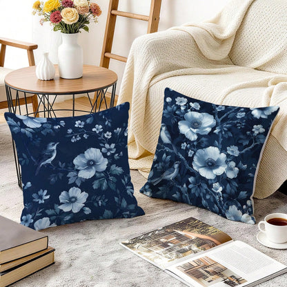 2pcs Deep Blue Porcelain Flower & Bird Pattern Pillow Covers, Single-Sided Printed Pillow Covers, Suitable For Living Room, Bedroom, Home Decor, All Season Pillow Covers