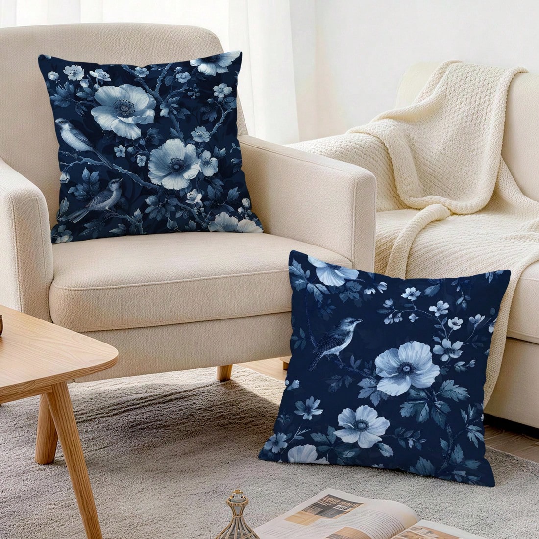 2pcs Deep Blue Porcelain Flower & Bird Pattern Pillow Covers, Single-Sided Printed Pillow Covers, Suitable For Living Room, Bedroom, Home Decor, All Season Pillow Covers