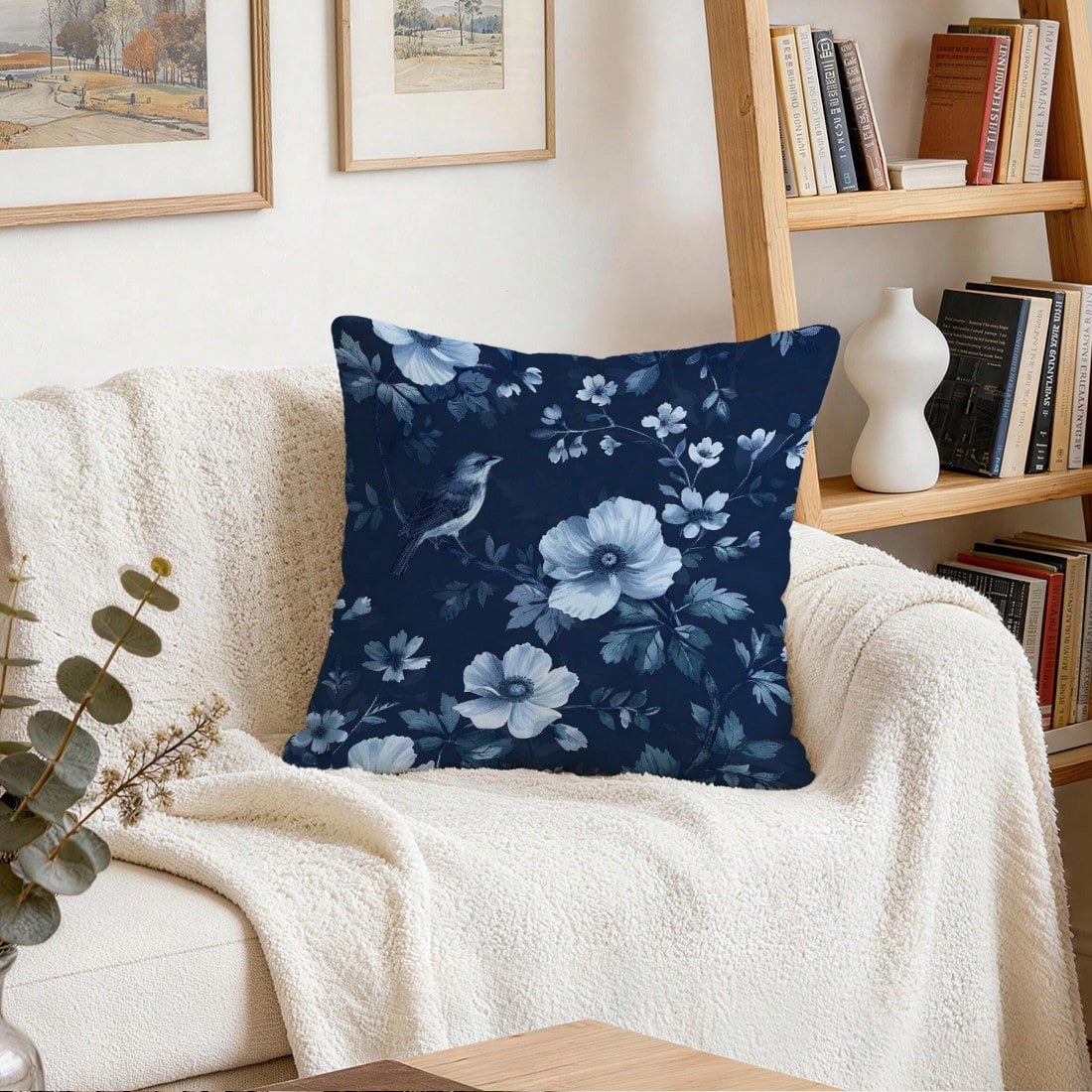 2pcs Deep Blue Porcelain Flower & Bird Pattern Pillow Covers, Single-Sided Printed Pillow Covers, Suitable For Living Room, Bedroom, Home Decor, All Season Pillow Covers