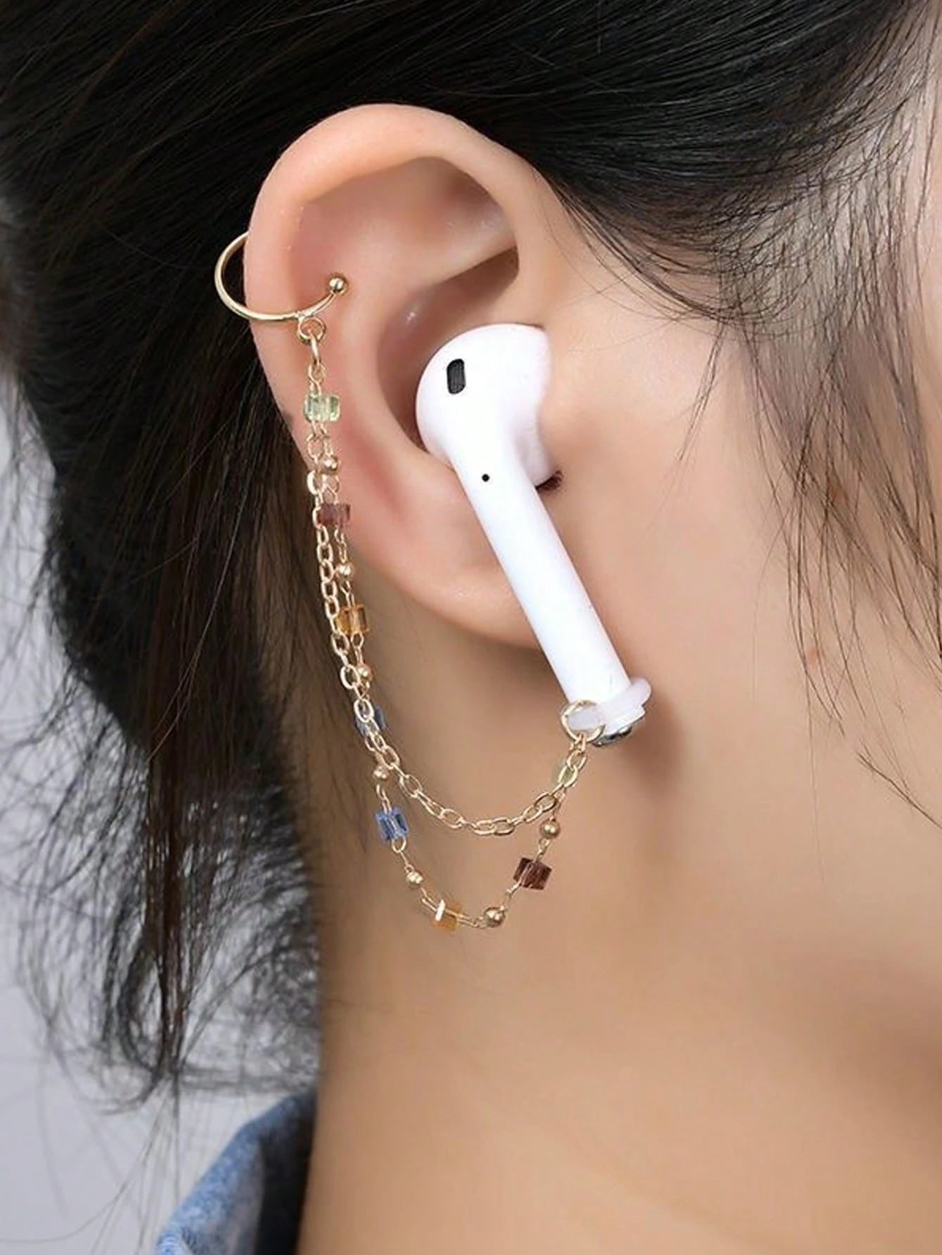 2pcs Earphone Anti-Loss Chain, Anti-Drop Colorful Rhinestone Fashion Ear Chain, Bluetooth Wireless Earphone Protective Ear Hook Ear Cuff No Ear Hole, Earphone Anti-Loss Chain Wireless Compatible With