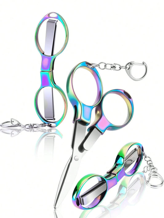 2pcs Folding Stainless Steel Portable Mini Badge Scissors With 1 Keychain, Safe Foldable Pocket Travel Small Scissors Multipurpose Nurse Accessories, Travel, Office, Crafts, Sewing, Home