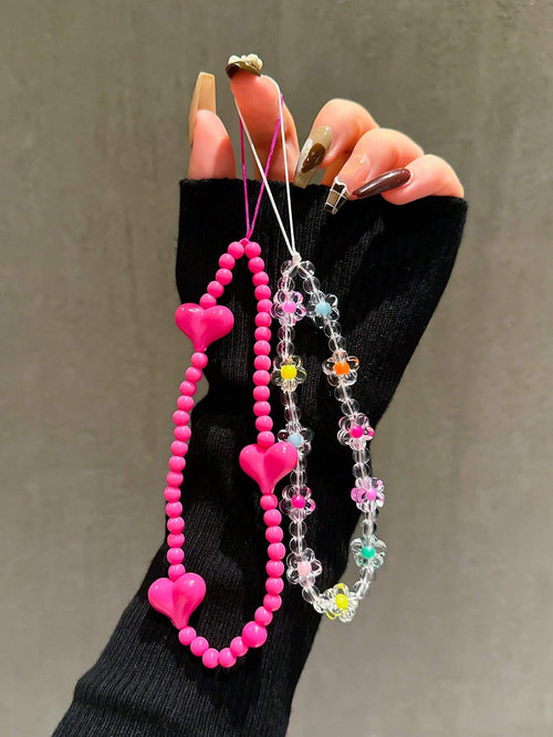 2pcs Fuchsia Heart & Floral Beaded Bracelet, Cute Charm Lanyard For Phone Case, Earphones, DIY Accessories, Fashion For Women Gifts For Mother, Family, Friends, Birthday, Holiday Phone Charm, Phone Ch