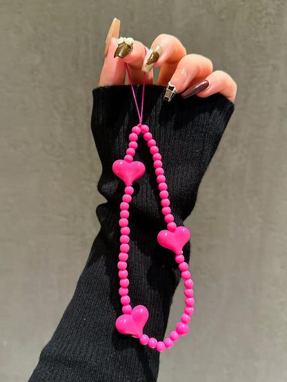 2pcs Fuchsia Heart & Floral Beaded Bracelet, Cute Charm Lanyard For Phone Case, Earphones, DIY Accessories, Fashion For Women Gifts For Mother, Family, Friends, Birthday, Holiday Phone Charm, Phone Ch