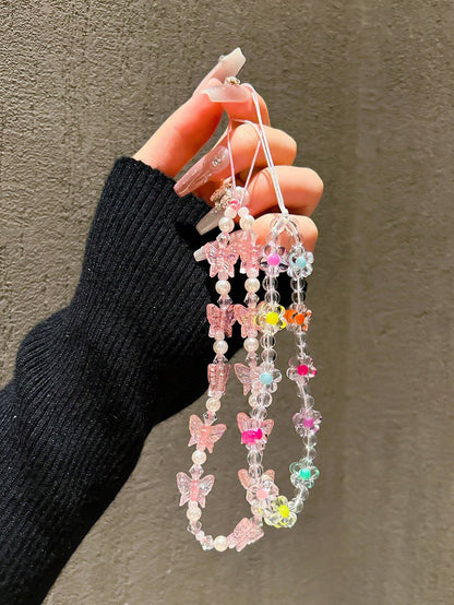 2pcs Fuchsia Heart & Floral Beaded Bracelet, Cute Charm Lanyard For Phone Case, Earphones, DIY Accessories, Fashion For Women Gifts For Mother, Family, Friends, Birthday, Holiday Phone Charm, Phone Ch