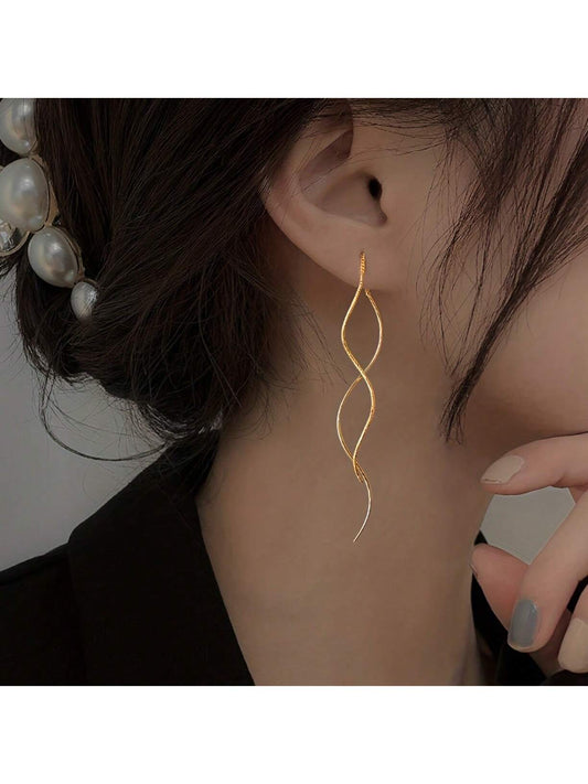 2pcs Gold Long And Wide Tassel Drop Earrings Casual Valentine's Day Accessories