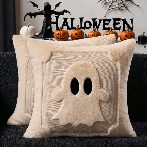2Pcs Halloween Pillow Covers 18x18 Inch Black Eyes Beige Ghost Throw Pillow Cases Soft Plush Faux Fur Wool Couch Cushion Case For Chair Sofa Bedroom Living Room Home Decor