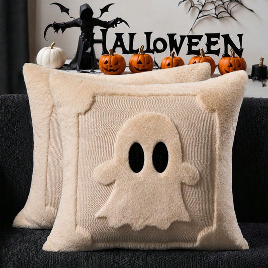 2Pcs Halloween Pillow Covers 18x18 Inch Black Eyes Beige Ghost Throw Pillow Cases Soft Plush Faux Fur Wool Couch Cushion Case For Chair Sofa Bedroom Living Room Home Decor