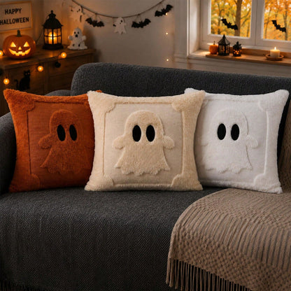 2Pcs Halloween Pillow Covers 18x18 Inch Black Eyes Beige Ghost Throw Pillow Cases Soft Plush Faux Fur Wool Couch Cushion Case For Chair Sofa Bedroom Living Room Home Decor