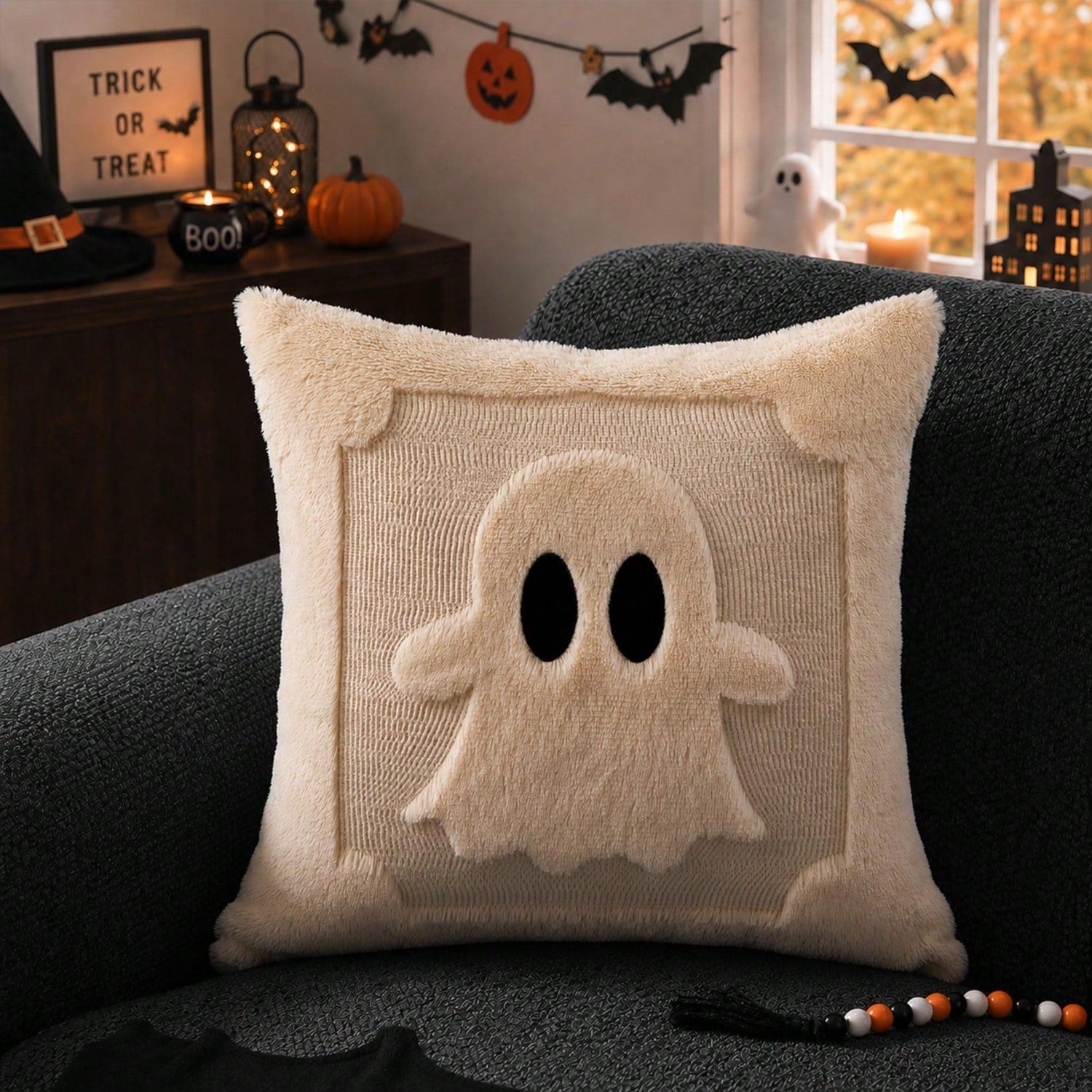 2Pcs Halloween Pillow Covers 18x18 Inch Black Eyes Beige Ghost Throw Pillow Cases Soft Plush Faux Fur Wool Couch Cushion Case For Chair Sofa Bedroom Living Room Home Decor