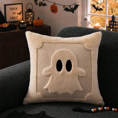2Pcs Halloween Pillow Covers 18x18 Inch Black Eyes Beige Ghost Throw Pillow Cases Soft Plush Faux Fur Wool Couch Cushion Case For Chair Sofa Bedroom Living Room Home Decor