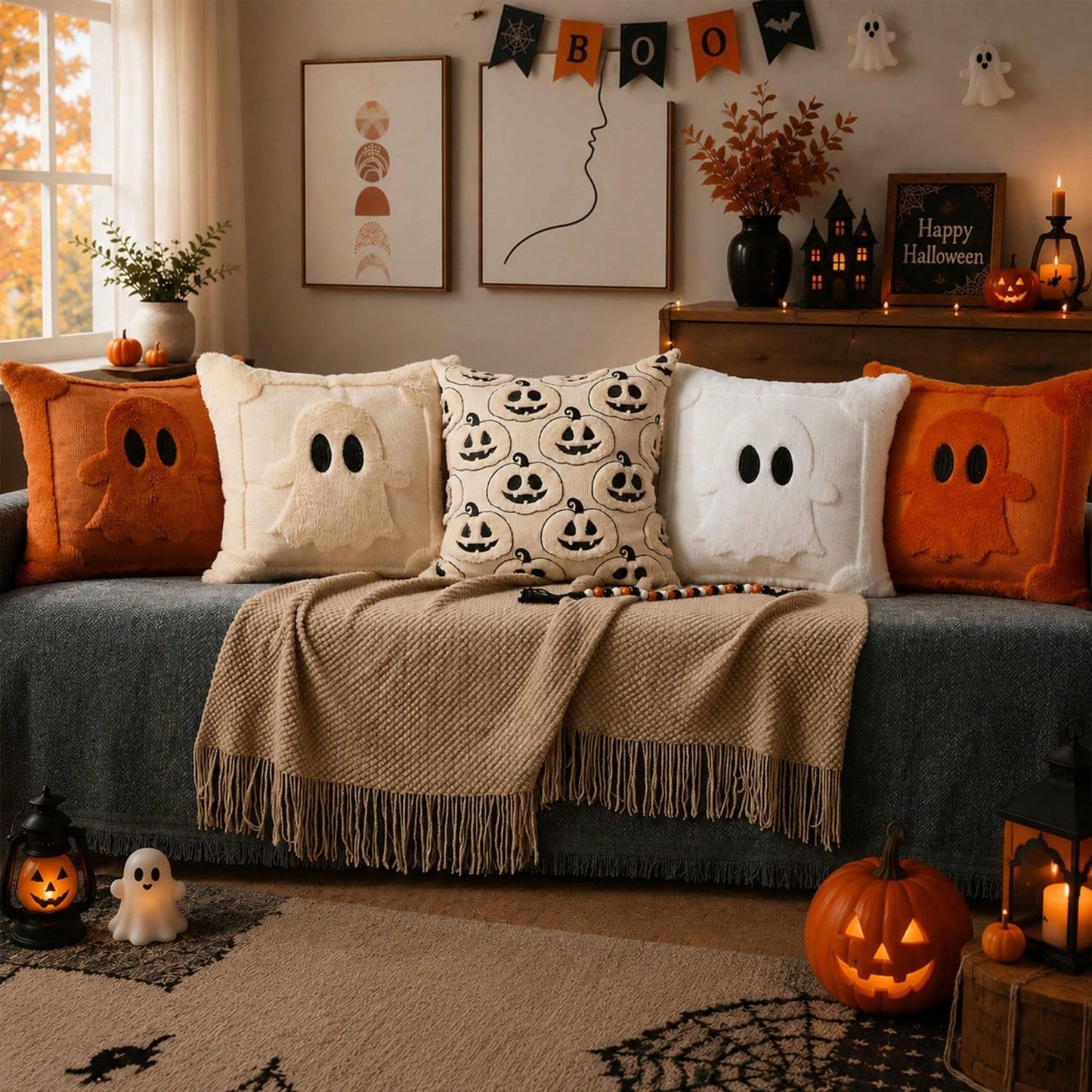 2Pcs Halloween Pillow Covers 18x18 Inch Black Eyes Beige Ghost Throw Pillow Cases Soft Plush Faux Fur Wool Couch Cushion Case For Chair Sofa Bedroom Living Room Home Decor