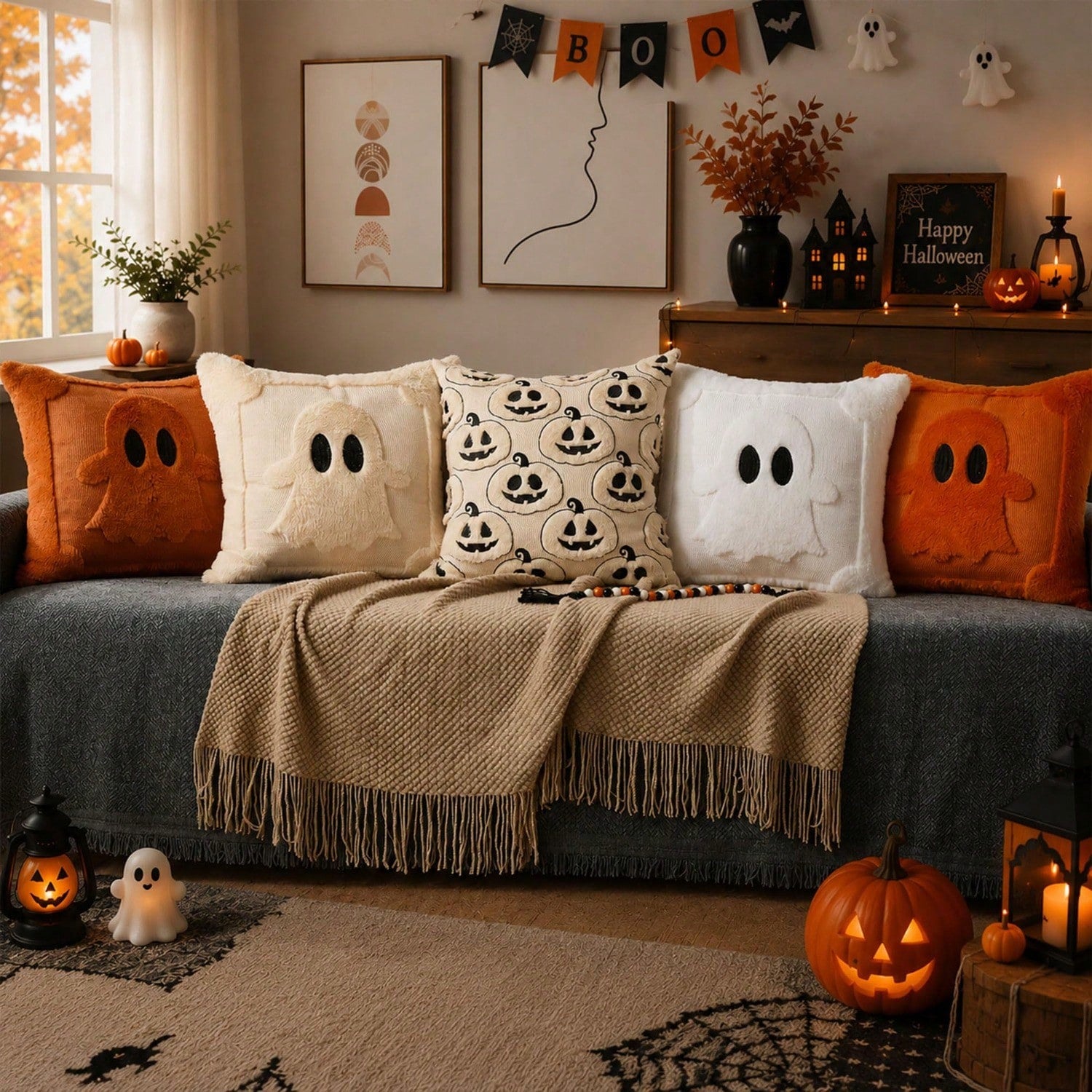 2Pcs Halloween Pillow Covers 18x18 Inch Black Eyes Beige Ghost Throw Pillow Cases Soft Plush Faux Fur Wool Couch Cushion Case For Chair Sofa Bedroom Living Room Home Decor