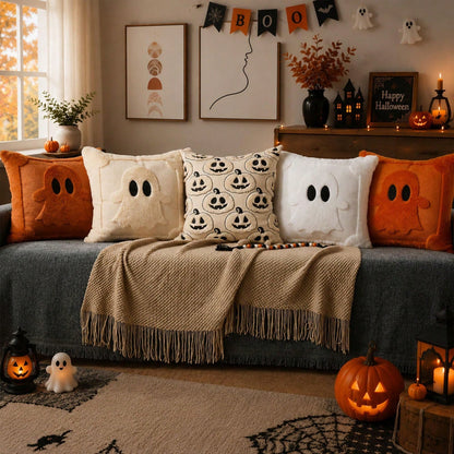 2Pcs Halloween Pillow Covers 18x18 Inch Black Eyes Beige Ghost Throw Pillow Cases Soft Plush Faux Fur Wool Couch Cushion Case For Chair Sofa Bedroom Living Room Home Decor
