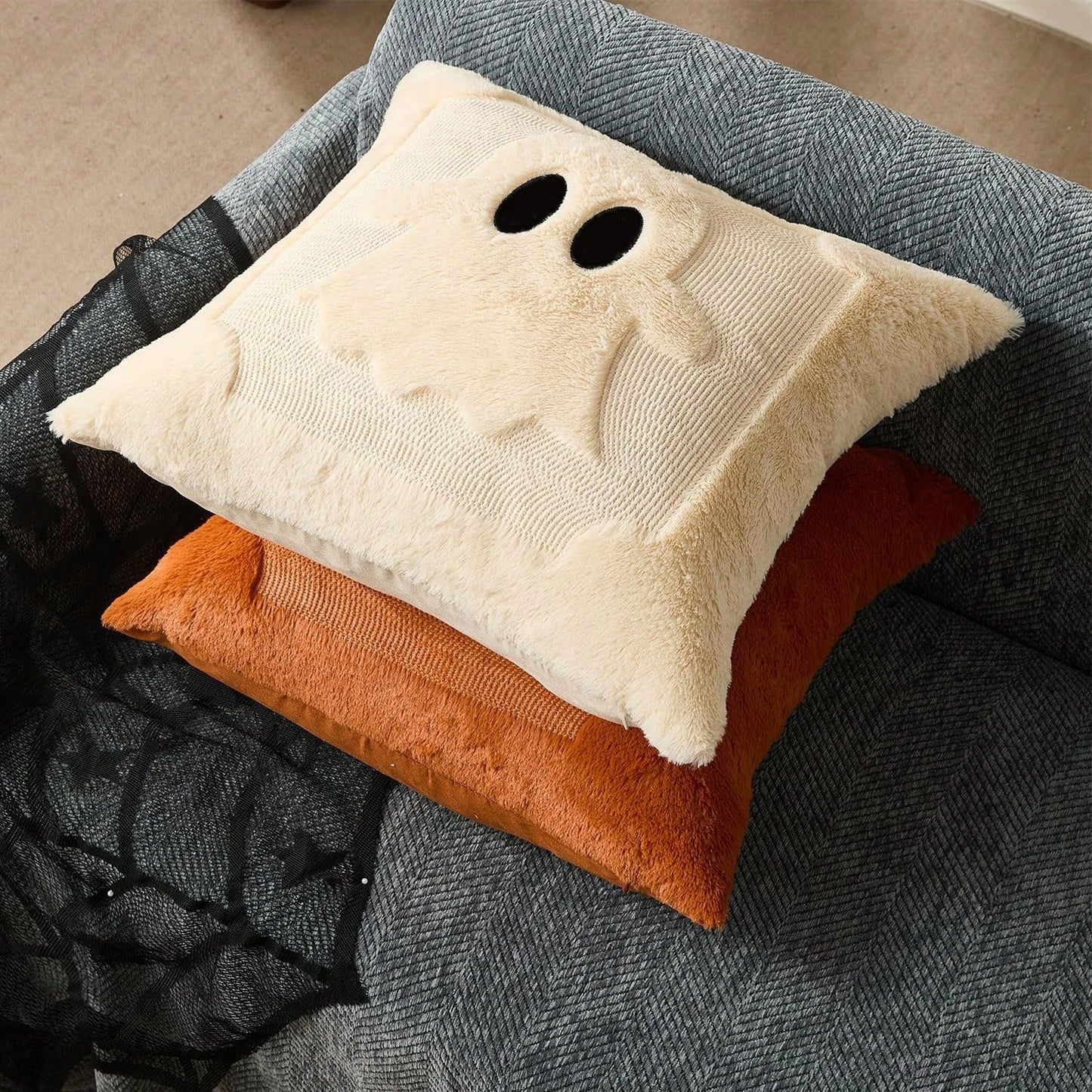 2Pcs Halloween Pillow Covers 18x18 Inch Black Eyes Beige Ghost Throw Pillow Cases Soft Plush Faux Fur Wool Couch Cushion Case For Chair Sofa Bedroom Living Room Home Decor