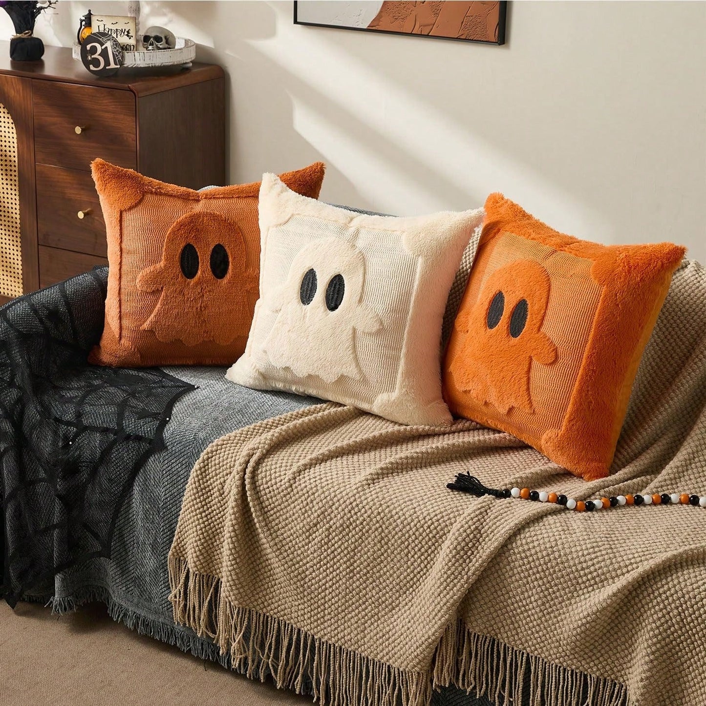 2Pcs Halloween Pillow Covers 18x18 Inch Black Eyes Beige Ghost Throw Pillow Cases Soft Plush Faux Fur Wool Couch Cushion Case For Chair Sofa Bedroom Living Room Home Decor