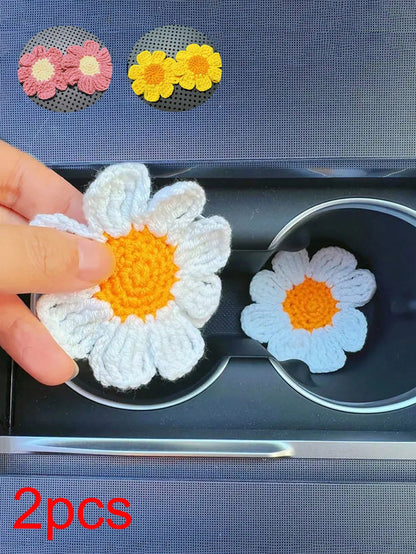 2pcs Hand-Knitted Flower Cup Coasters, Cute Daisy Floral Car Cup Mat Handmade Coasters For Car Interior Decor