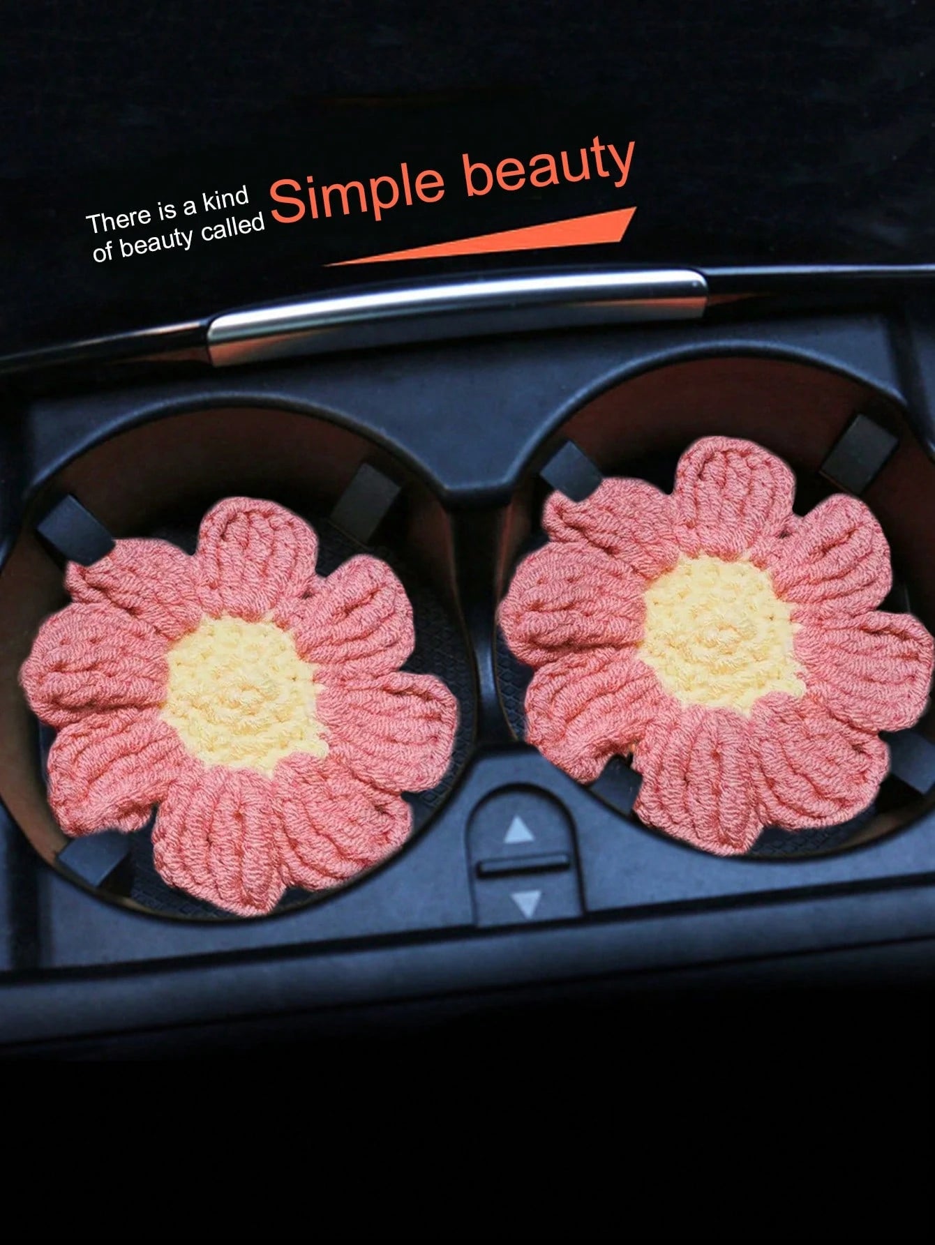 2pcs Hand-Knitted Flower Cup Coasters, Cute Daisy Floral Car Cup Mat Handmade Coasters For Car Interior Decor