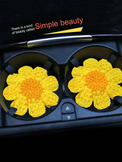 2pcs Hand-Knitted Flower Cup Coasters, Cute Daisy Floral Car Cup Mat Handmade Coasters For Car Interior Decor